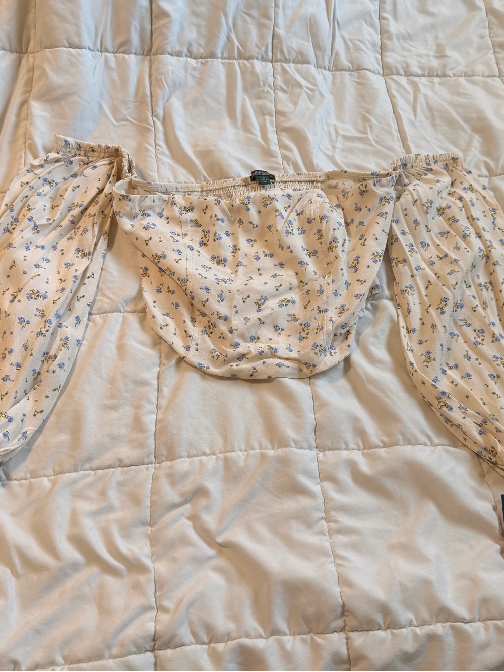Off-Shoulder Cream Floral Crop Top with Blue Print